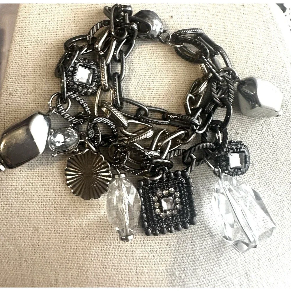 Gunmetal Multi Strand Charm Bracelet Crystal Rhinestone Chunky Statement 7